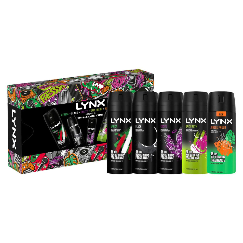 IT'S GAME TIME Body Spray Collection with 48 Hours Protection Africa, Black, Excite, Epic Fresh, Jungle Fresh Deodorant 5 Pieces Gift Set for Him