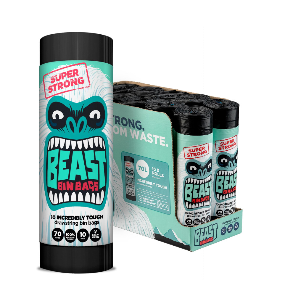 Beast Bin Bags , 10 Rolls Of 10 X 70 Litre Bags (Total 100 Bags) - Made From 100% Recycled Lldpe - Incredibly Strong Drawstring Black Bin Bags
