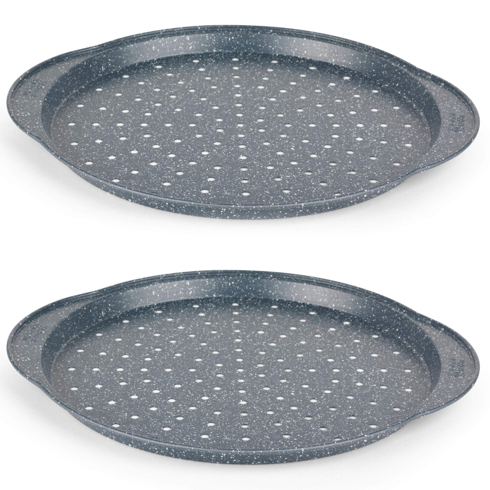 COMBO-5447 Nightfall Stone Pizza Trays - Set of 2 Round 14.5" Pizza Pans, Non-Stick Perforated Baking Trays, Carbon Steel, PFOA Free, Multi-Pack