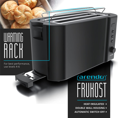 Frukost 4 slice long slot toaster, Double wall housing, with warming rack, 6 Browning settings, auto bread centring, Reheat Defrost Cancel function, 1