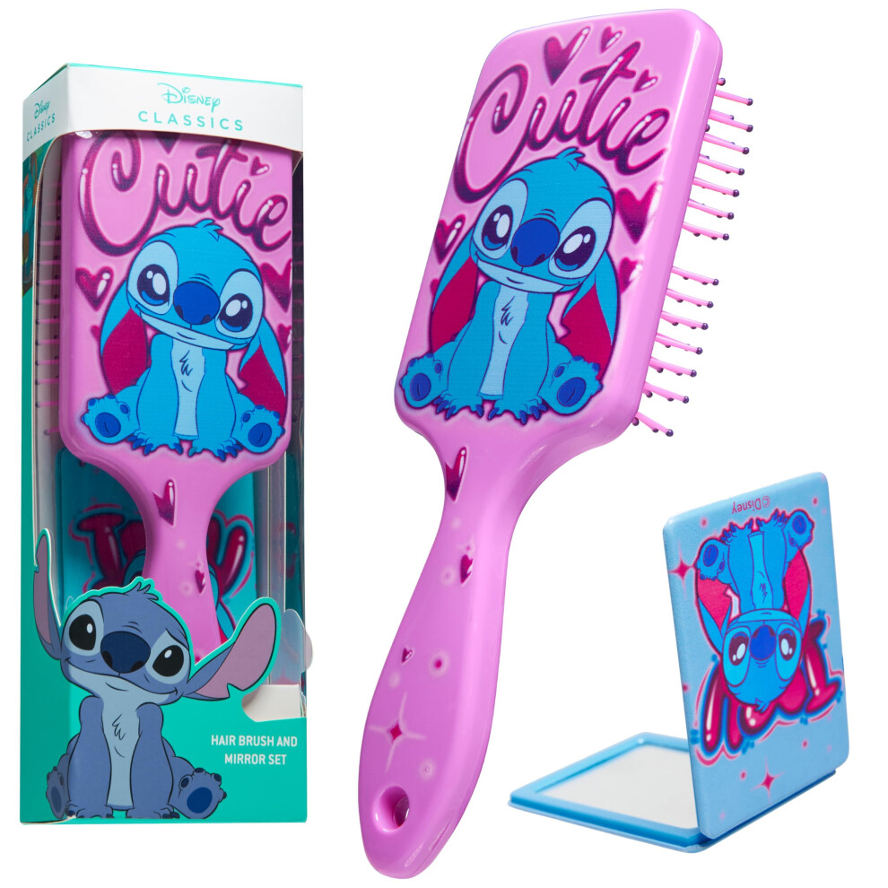Detangle Hair Brush for Women Teenagers Girls, Paddle Brush and Compact Mirror Set - Gifts for Girls (Stitch Brush & Mirror)