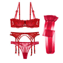 (red, 42C) Varsbaby Women 4 Pcs Bra+Thong+Belt+Stockings Lingerie Sets