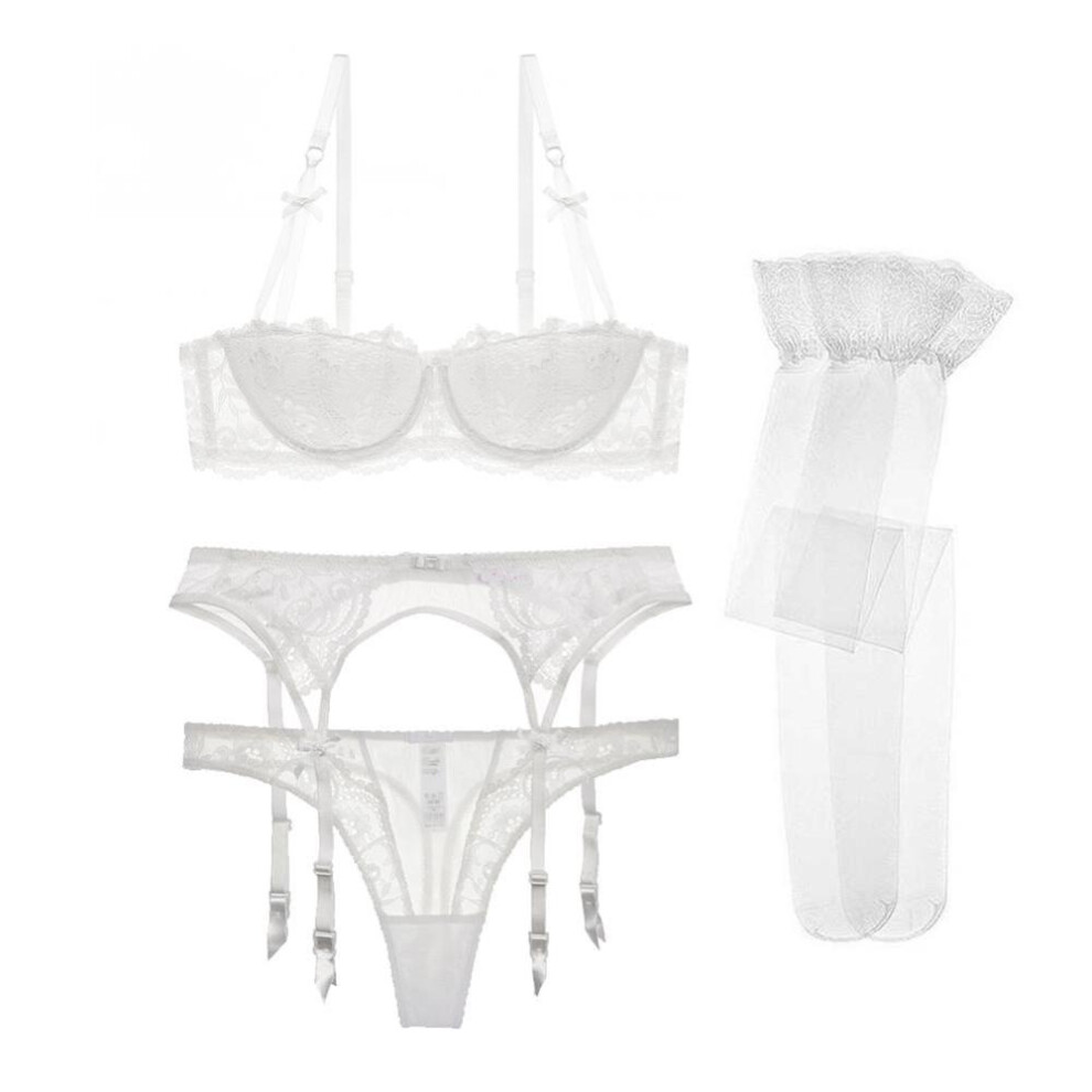 (white, 32C) Varsbaby Women 4 Pcs Bra+Thong+Belt+Stockings Lingerie Sets-image-OPC-PFW8NY8-NEW