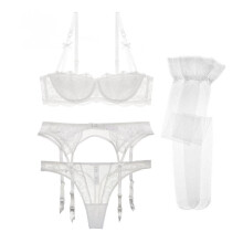 (white, 34A) Varsbaby Women 4 Pcs Bra+Thong+Belt+Stockings Lingerie Sets
