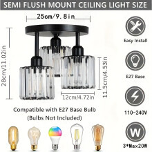 (Black) Modern 3-Light Semi-Flush Mount Crystal Chandelier - Metal Ceiling Light Fixture with Glass Shades