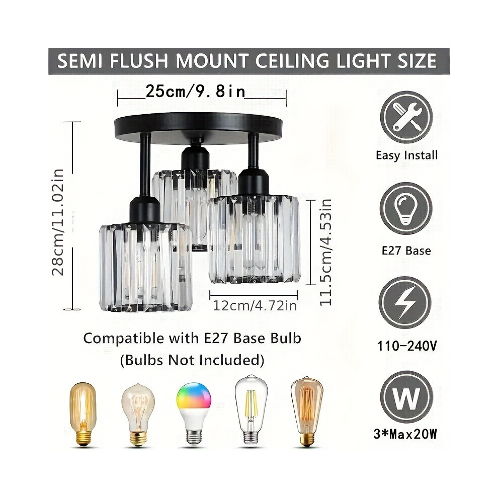Skesrjtop (Black) Modern 3-Light Semi-Flush Mount Crystal Chandelier - Metal Ceiling Light Fixture With Glass Shades
