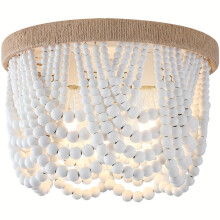 (1pack) 3-Light Semi-Flush Mount Ceiling Light, Boho Farmhouse Style, White Wooden Bead Chandelier