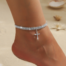 (AYQ6034702) New Shining Cubic Zircon Chain Anklet For Women Fashion Silver Color Ankle Cross Pendant Bracelet