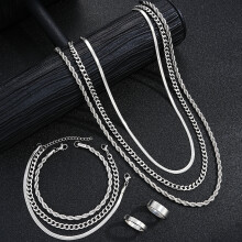 (AY6238701HB) New Simple Stainless Steel Silver Color Jewelry Sets for Men Unisex Punk Vintage Smooth Ring Necklace Bracelet