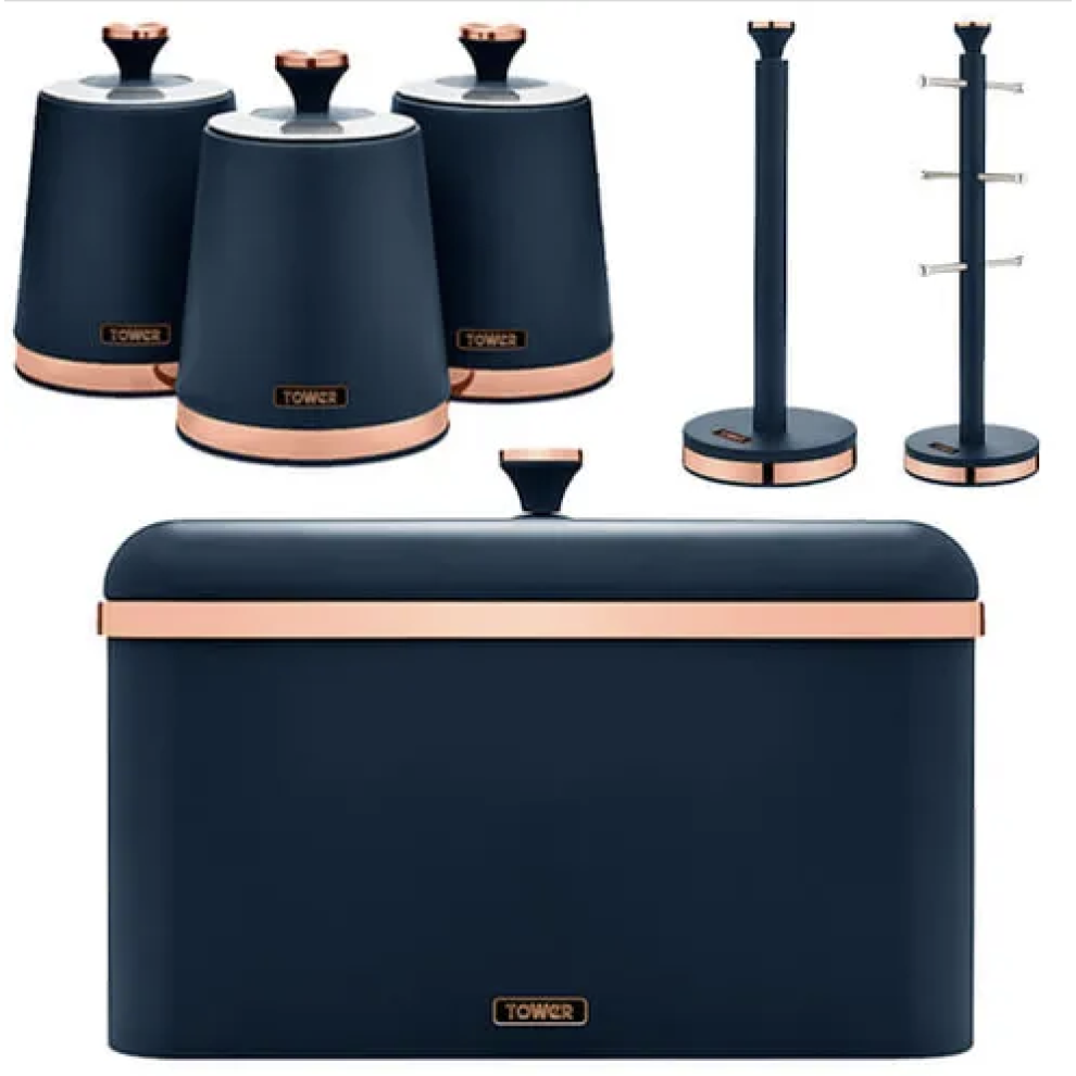 Tower Cavaletto Midnight Blue 6pc Kitchen Set Bread Bin Canisters Pole