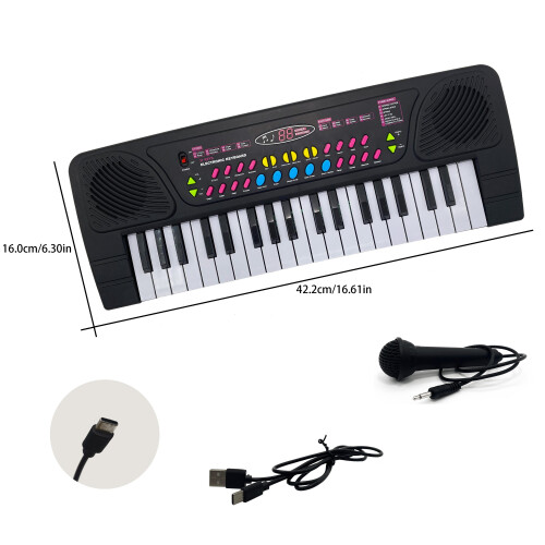 (Black) Multifunctional 37-Key Electronic Keyboard with Microphone and USB-C Cable, Adjustable Tone and Rhythm