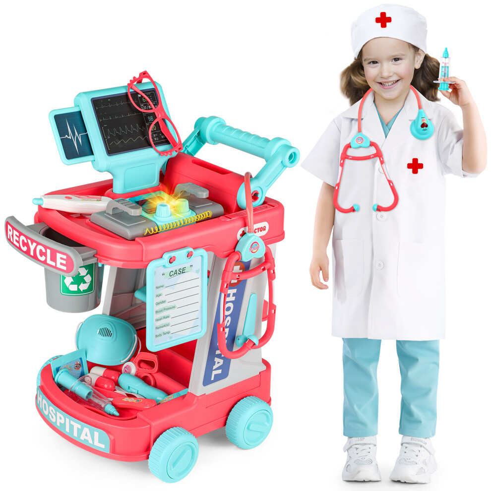 MDSRJONE (pink) Medical Tools Trolley Set with Doctor Costume Doctors Playsets for Kids Role Play Toy Multi-purp
