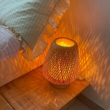 (Tricolor) Bamboo Handmade Natural Wood Base LED Bedside Lamp, Three-Color Dimmable, USB Powered, Bedroom Eye-Care Night Light, Reading Vintage Table Lam
