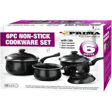 NTI 6 Pcs Black Carbon Steel Saucepan Set | Prima Cookware | Non-Stick with Lids | Cooking Pots | Home Kitchen Chef