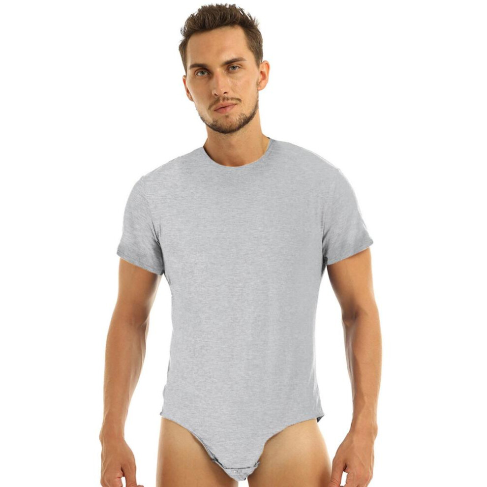(light grey, 3XL) Men Adults One Piece Shaper Romper Lingerie Party Clubwear Round Neck Short Sleeves T-shirt Bodysuit