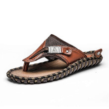 (40, Brown) Men's Leather Sandals Summer Fashion Luxury Flip Flops Casual Slippers Flat Beach Shoes for Adult Male Indoor Outdoor Tw
