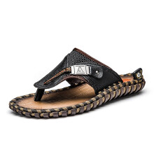 (38, Black) Men's Leather Sandals Summer Fashion Luxury Flip Flops Casual Slippers Flat Beach Shoes for Adult Male Indoor Outdoor Tw