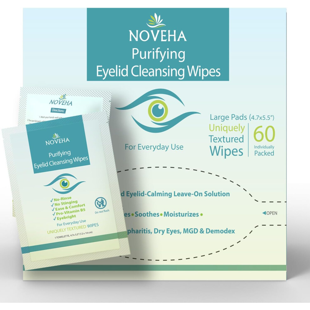Noveha Store Pink Antimicrobial Eyelid & Lash Wipes | For Itchy, Dry Eyes, Styes & Blepharitis, Gentle & Natural 0.02% Pure Hypochlorous Acid Cleansing Wipes