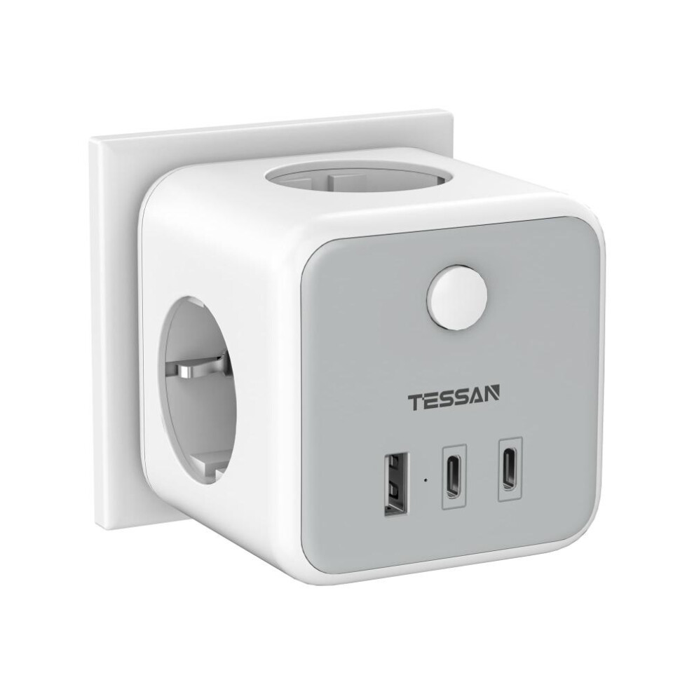 (gray, 3 Outlets 2Type-C 1 USB A) Tessan Gray/white/black Eu Plug Power Adapter With Switch 3 Outlets And 3 Usb Ports, Eu Multiple Socket Power Strip For Home, Office, Travel