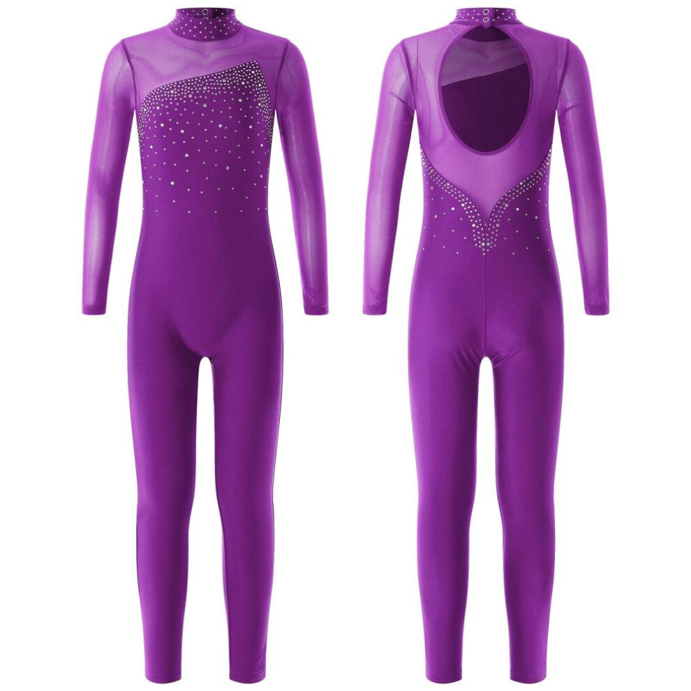 (purple, 7-8 Years) One Piece Clothing Long Sleeve Round Collar Leotards Jumpsuit Kids Girls Skating Sport Wear