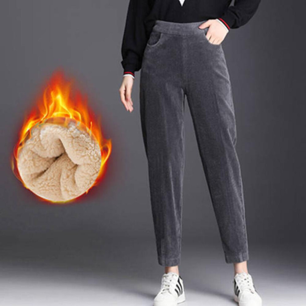 (grey, M) Women Fashion Winter Thicken Plush Corduroy Casual Pants Warm High Waist Trousers