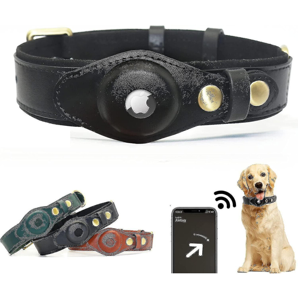 Schan Airtag Dog Collar, Adjustable Natural Cowhide Leather Dog Collar Stand Compatible With Airtag,
