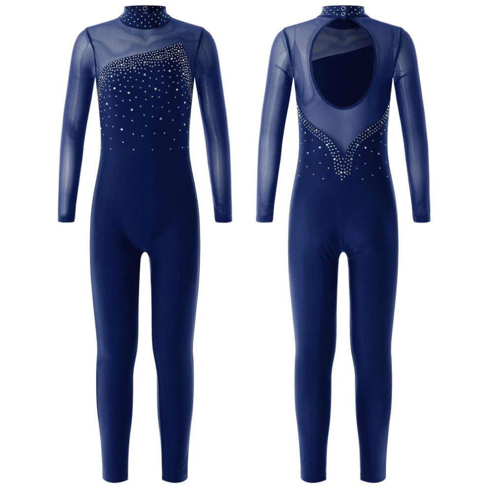 (navy blue, 5-6 Years) Kids Girls Gymnastics Leotard Workout Dance Jumpsuit Long Sleeve Rhinestone Decor Skating Bodysuit