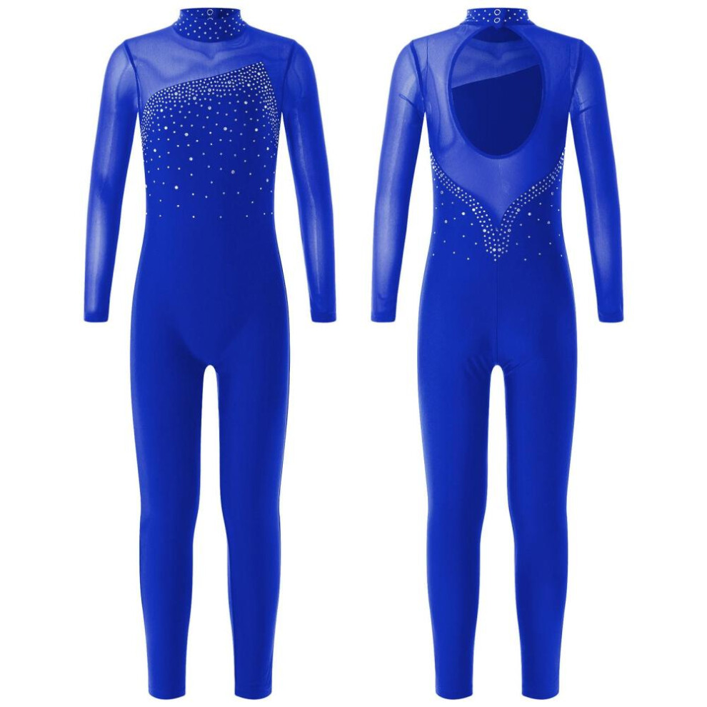 (royal blue, 13-14 Years) Kids Girls Gymnastics Leotard Workout Dance Jumpsuit Long Sleeve Rhinestone Decor Skating Bodysuit