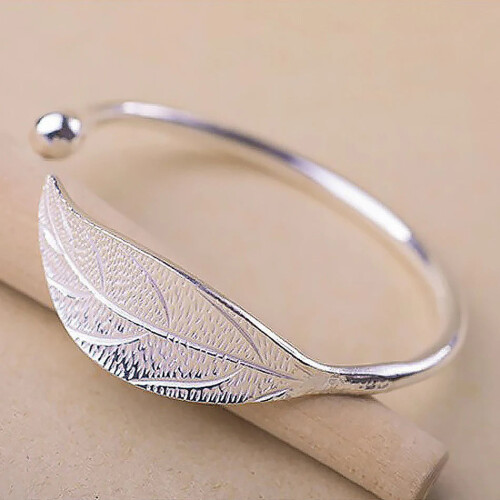 925 Sterling Silver Woman Cuff Bracelet Open Leaf Shaped Adjustable 1