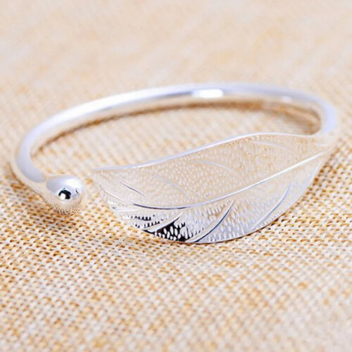 925 Sterling Silver Woman Cuff Bracelet Open Leaf Shaped Adjustable 2