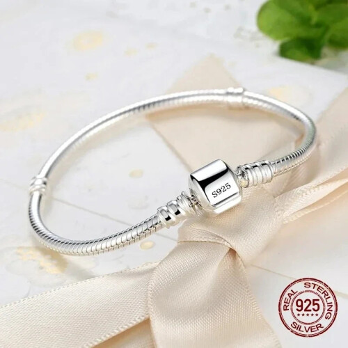 (Charm Chain, 21cm) 925 Sterling Silver Charm Soft Smooth Snake Bone Bracelets