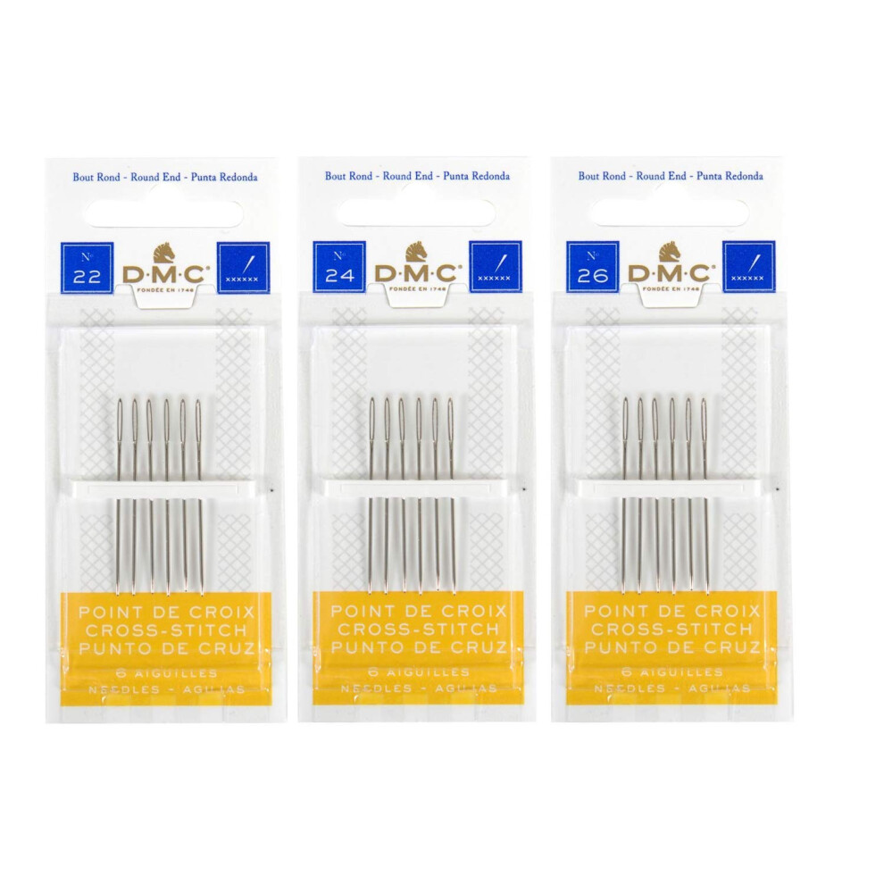 DMC 3 Pack Size 22-24-26 (One Pack Each)-Cross Stitch Needles - Total 18 Needles - New Package