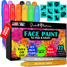 Jim&Gloria Face Paint Kit With Gold And Silver 12 Colors Large Washable Face & Body Painting Crayons Stick with Stencils Kids Toddlers and Adults Gift