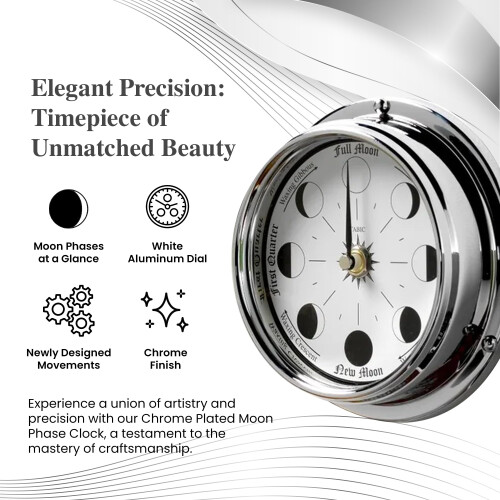 Tabic Handmade Chrome Moon Phase Clock in Solid Brass case - Elegant Full Moon Wall Clock with white dial  Perfect Decorations and Gift 1