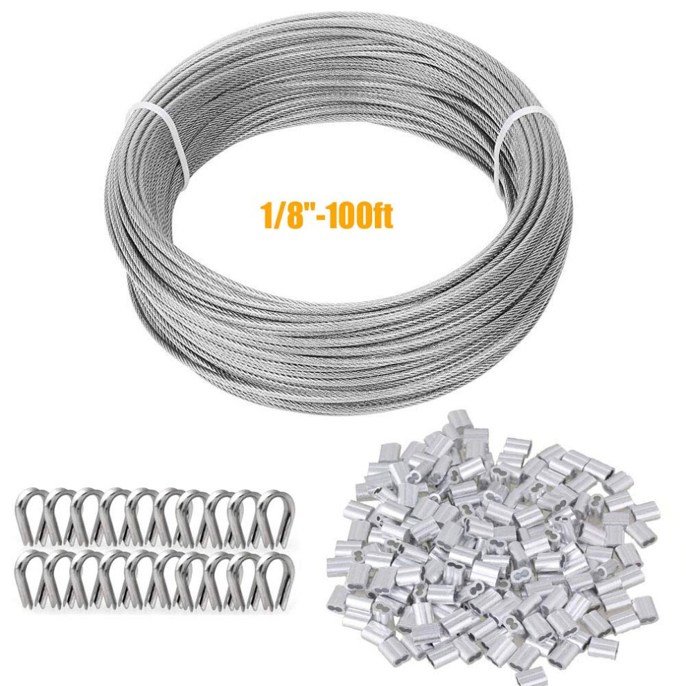 Tootaci 1/8 Wire Rope Kit 100Ft 1/8 Stainless Steel Coated Cable Wire 1/8 Steel Cable With 50Pcs 1/8 Crimping Loop 20Pcs Thimble 1/8 Aircraft Cable 5712443221908
