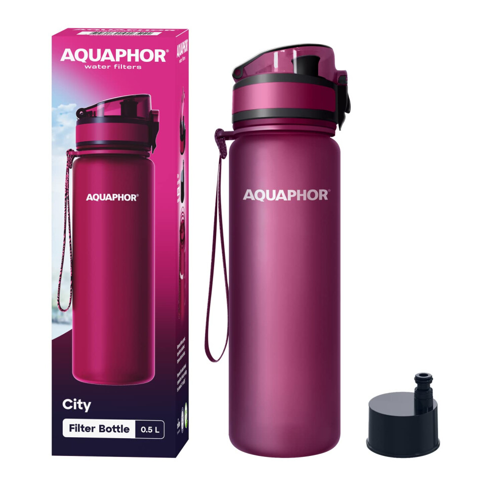Aquaphor City Bottle 500Ml Travel Water Bottle With Activated Carbon Filter Filters Chlorine & Impurities Made Of Tritan & Bpa-Free Stay Hydra Red