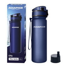 AQUAPHOR City Bottle 500ml Navy  Travel Water Bottle with Activated Carbon Filter  Filters Chlorine & Impurities  Made of Tritan & BPA-Free  Stay Hydr