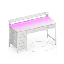 Seventable Computer Desk with Power Outlets & LED Light 39 inch Home Office Desk with 5 Drawers Writing Desk with Monitor Stand Work Desk for Home