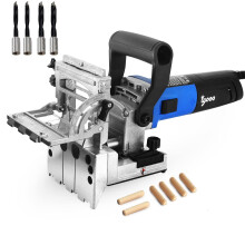 igooo Dual-Spindle Doweling Jointer DJ710 710W 120V 60Hz Wood Plate Dowel Joiner 2X8mm and 2X6mm Drilling Bits 80 Dowels
