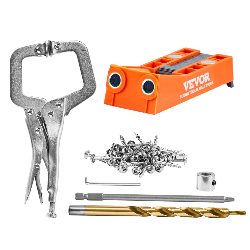VEVOR Pocket Hole Jig  56 Pcs Mini Jig Pocket Hole System with 9"" C-clamp  Step Drill  Wrench  Drill Stop Ring  Square Drive Bit  and Screws  for DIY