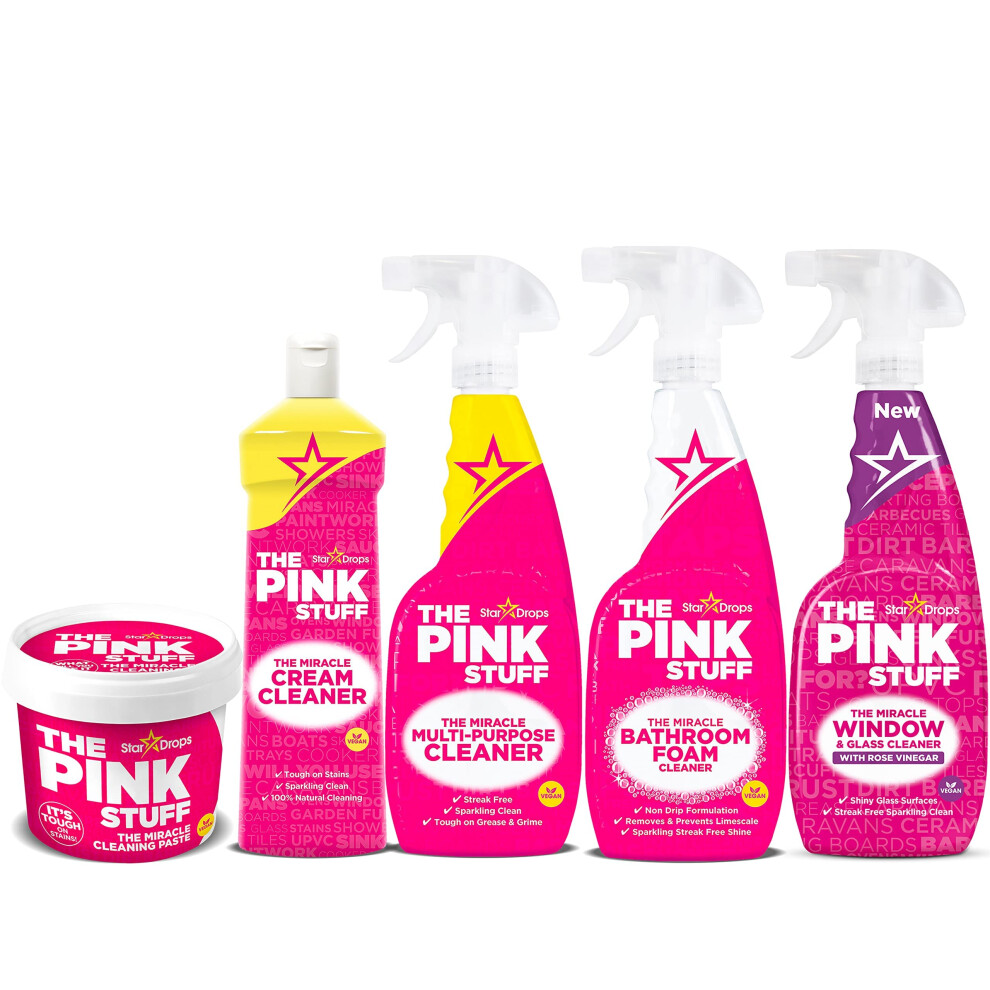 Stardrops - The Pink Stuff - The Miracle Cleaning Paste  Multi-Purpose Spray  Bathroom Foam Spray  Window & Glass Cleaner  and Cream Cleaner Bundle