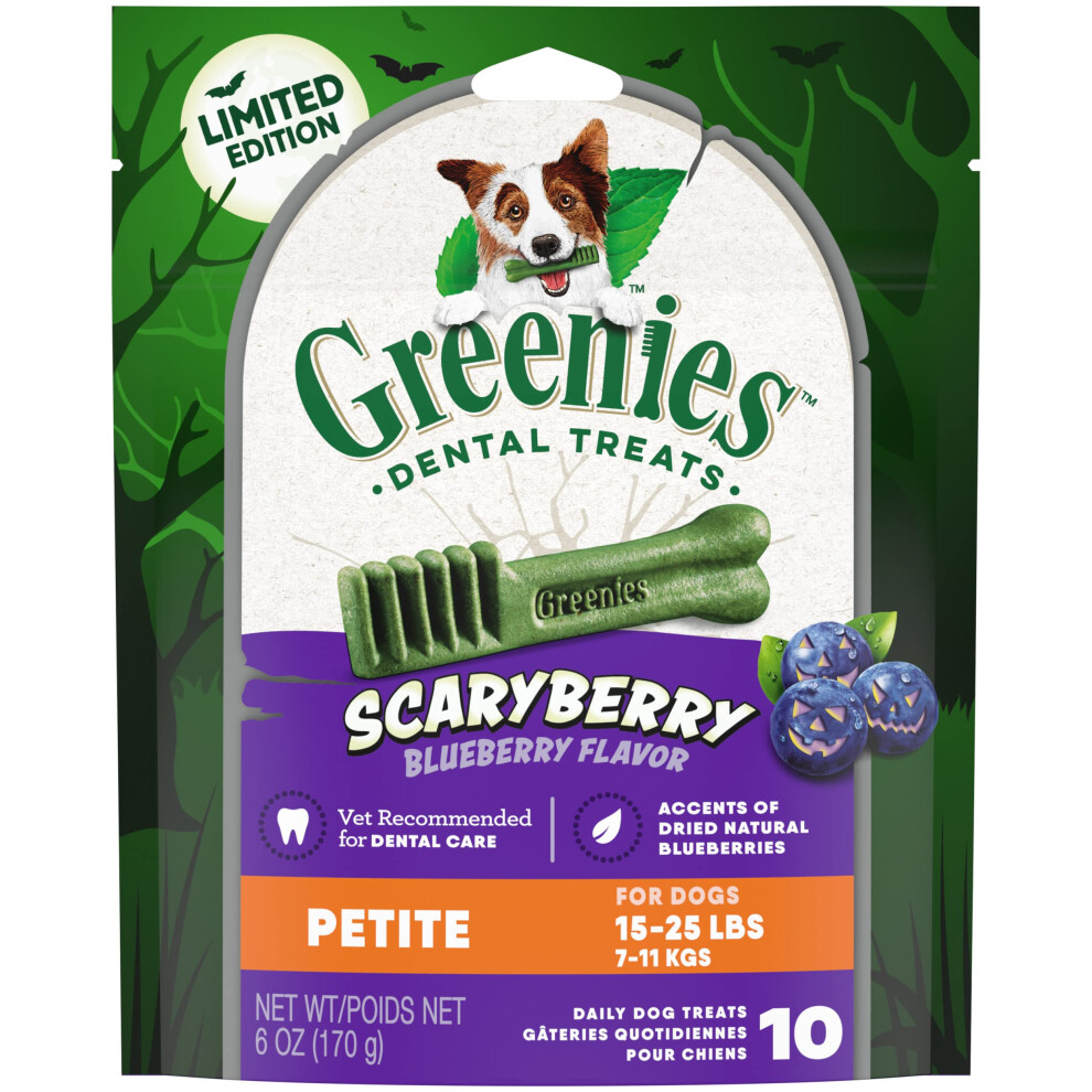 Greenies Petite Halloween Natural Dental Dog Chew Treats  ScaryBerry Blueberry Flavor  6 oz. Pack (10-Count)