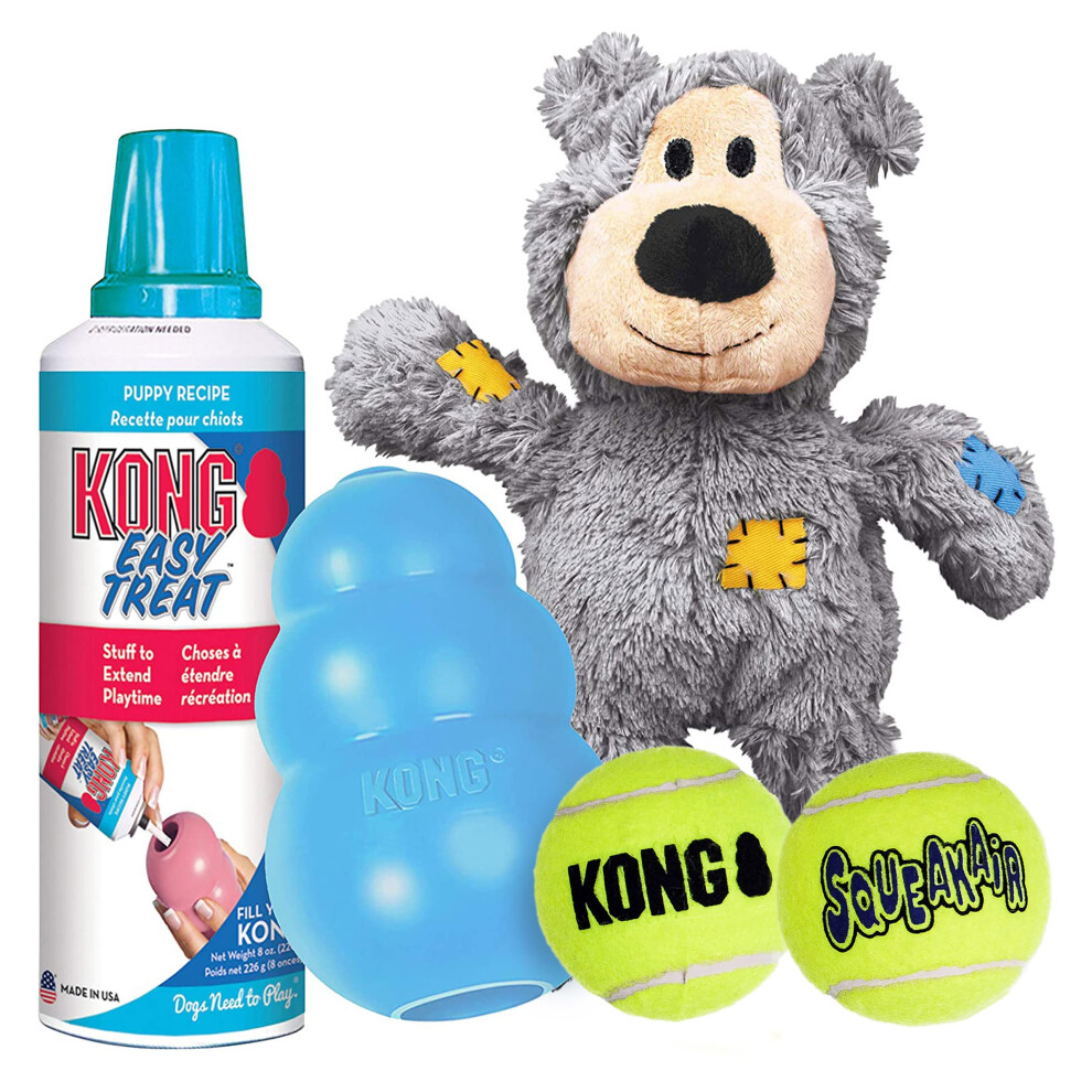 KONG Puppy Starter Dog Toy Kit - Interactive Puppy Toys - Puppy Toy Kit With SqueakAir Balls Puppy Easy Treat Wild Knots Bear & Puppy KONG Dog Toy