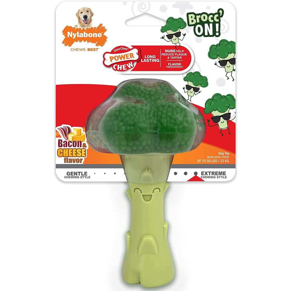 NYLABONE Broccoli Dog Toy Power Chew - Cute Dog Toys for Aggressive Chewers - with a Funny Twist! Bacon & Cheese Flavor  Large/Giant