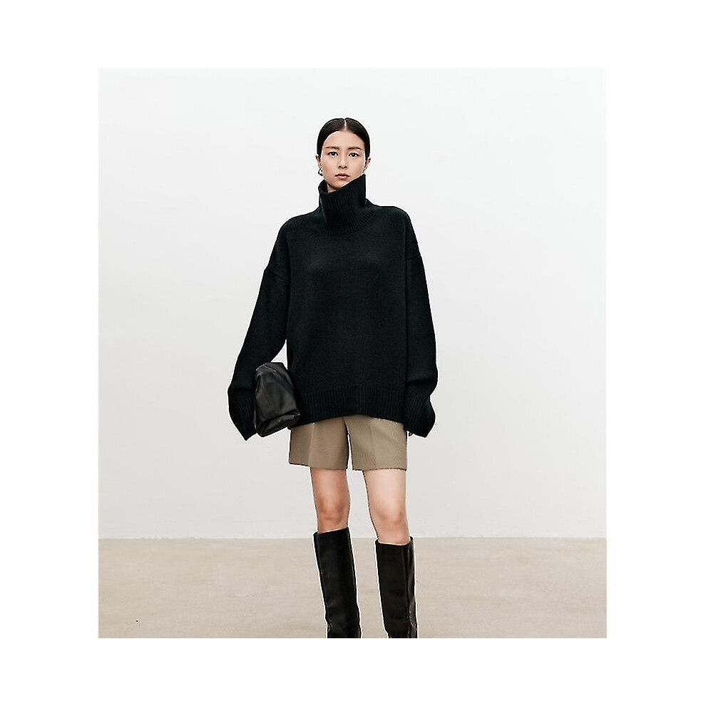 (black, L) Turtleneck Pure Cashmere Sweater Female Loose And Thick Languid Lazy Wind Pullover Sweater Knitting Base Wool Sweater