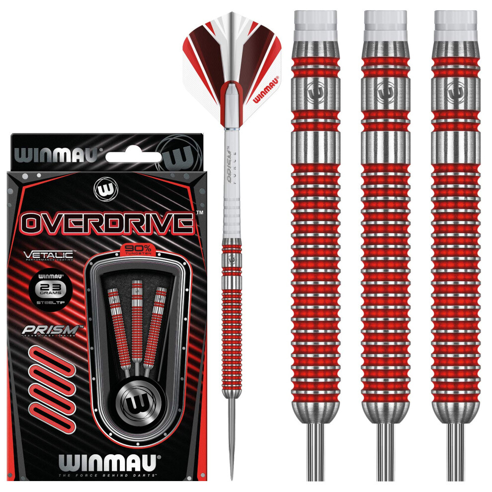 Winmau Overdrive Tungsten Steeltip Darts Set 23g with Prism Flights and Shafts (Stems)