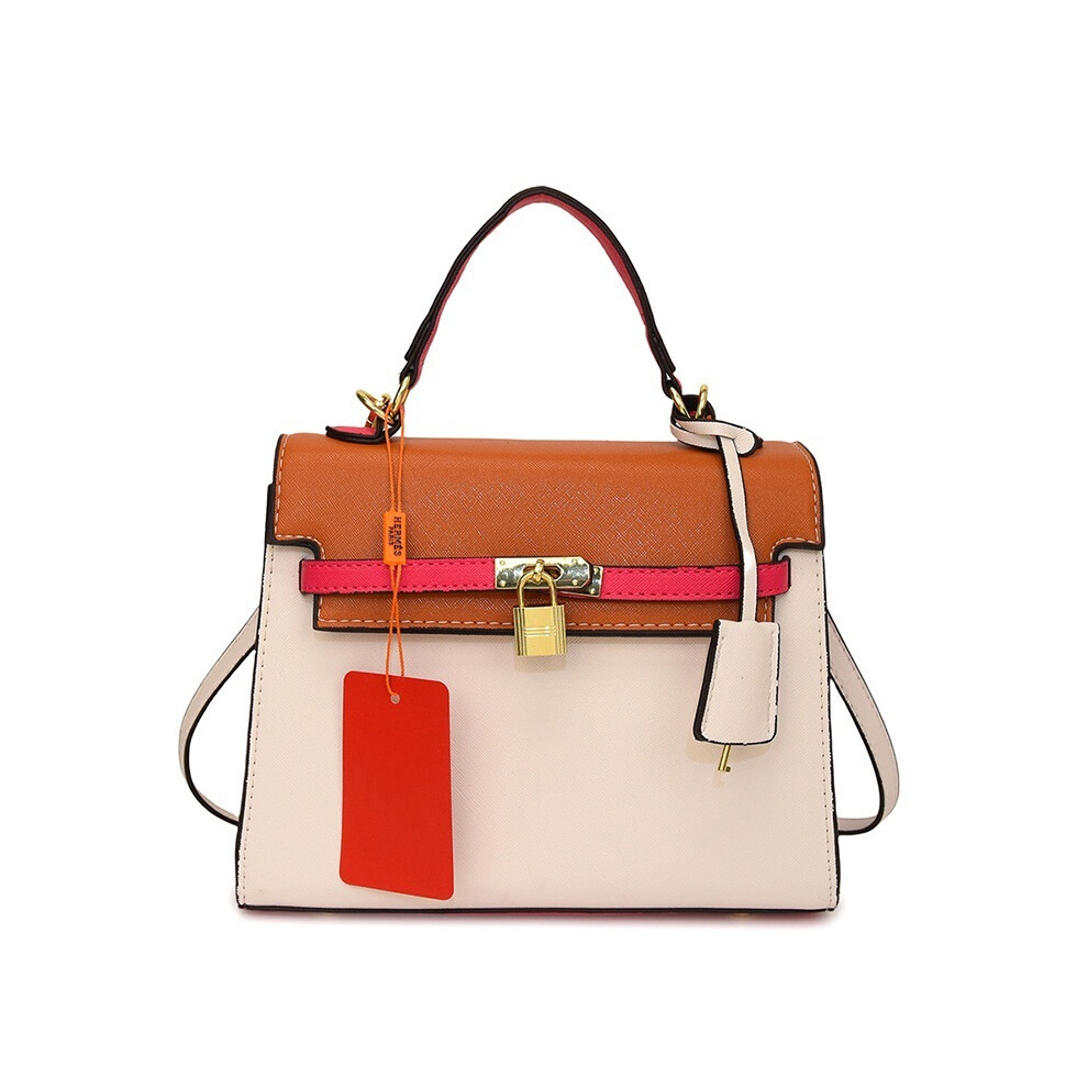 (White, 24.5*11*19) Kelly Bag Handbag Contrasting Shoulder Crossbody Bag Orange
