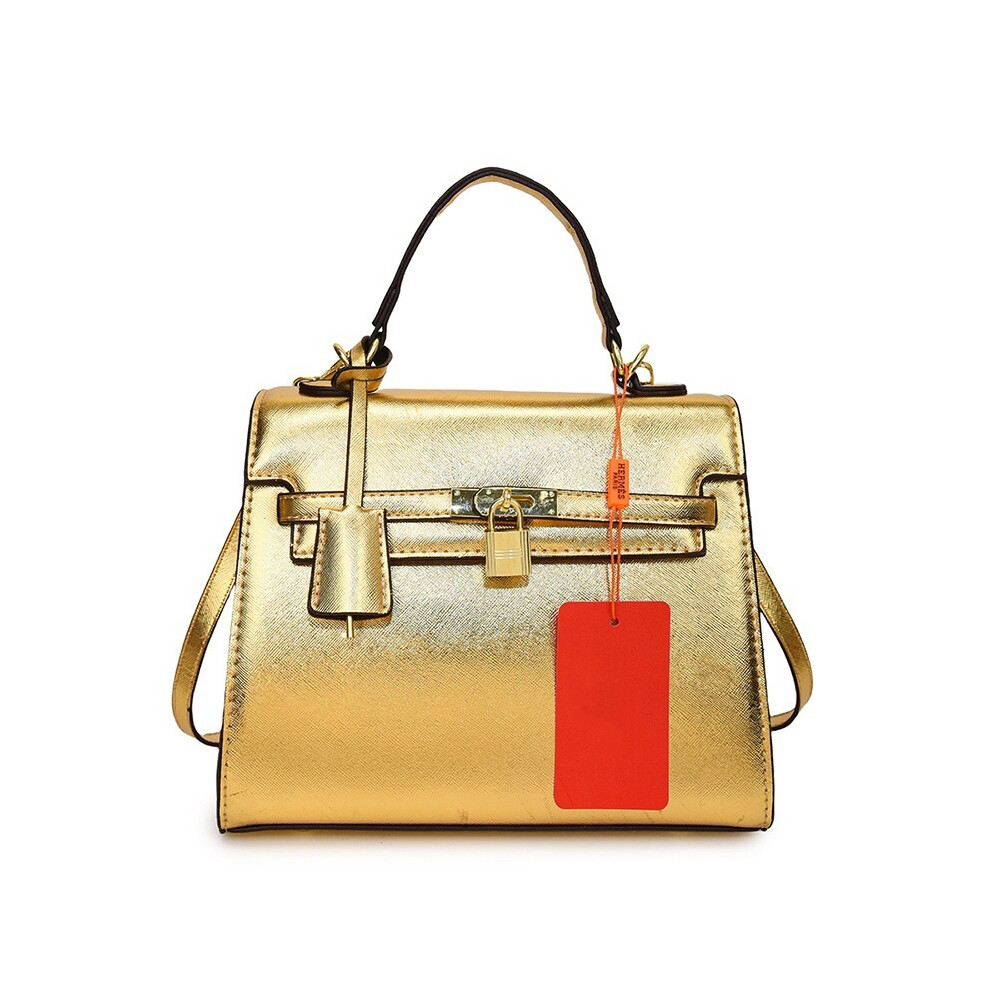 (Gold, 24.5*11*19) Kelly Bag Handbag Contrasting Shoulder Crossbody Bag Orange