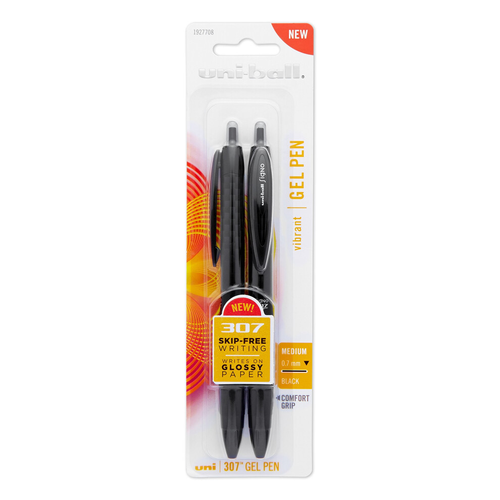 uni-ball 307 Retractable Gel Pens Medium Point (0.7mm) Black 2 Count