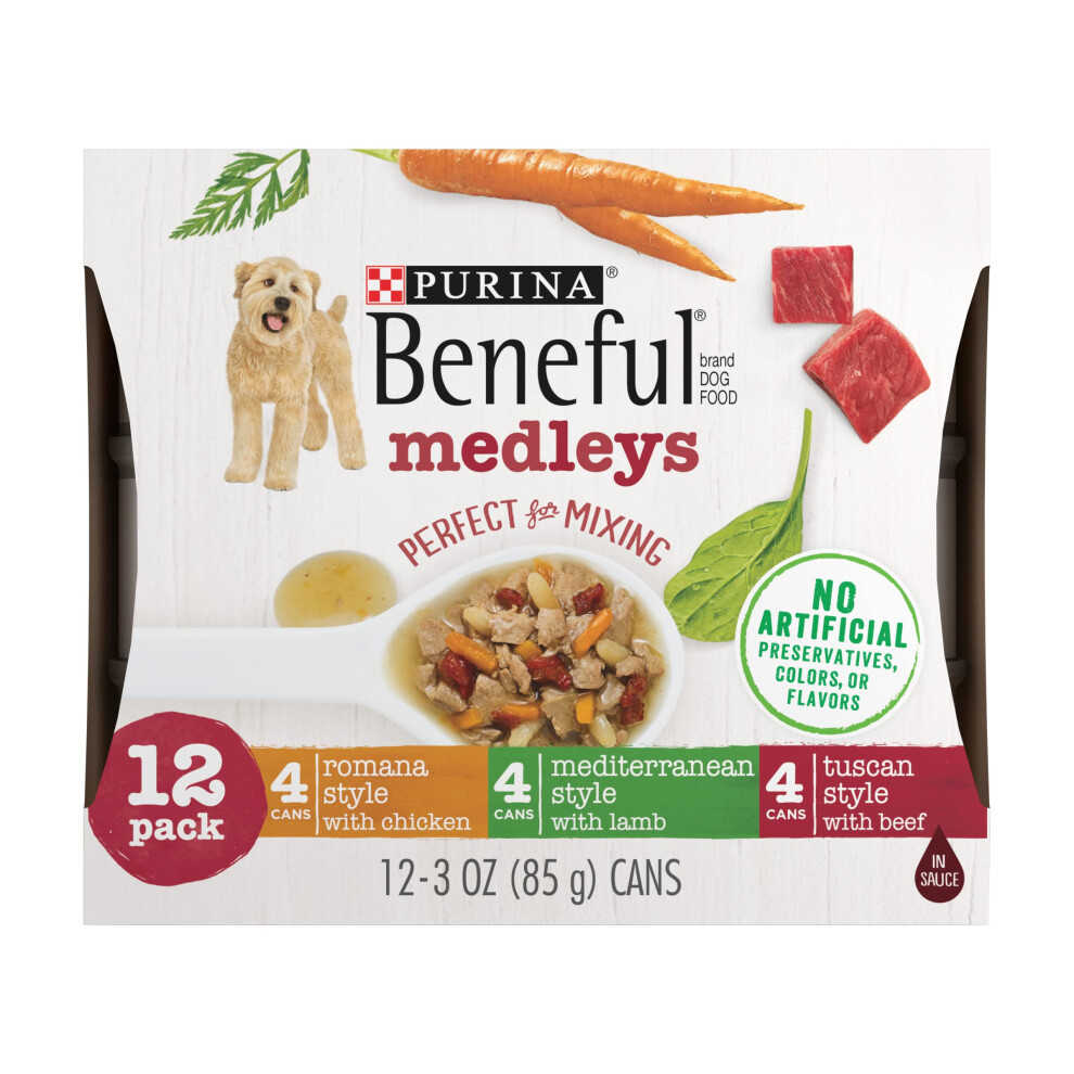 Purina Beneful Wet Dog Food Variety Pack  Medleys Tuscan  Romana & Mediterranean Style - (2 Packs of 12) 3 oz. Cans